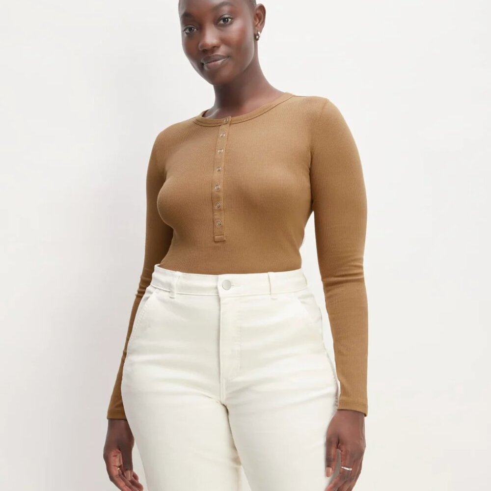 Everlane Micro Rib Long Sleeve Henley Shirt Toasted Coconut Brown Women’s M